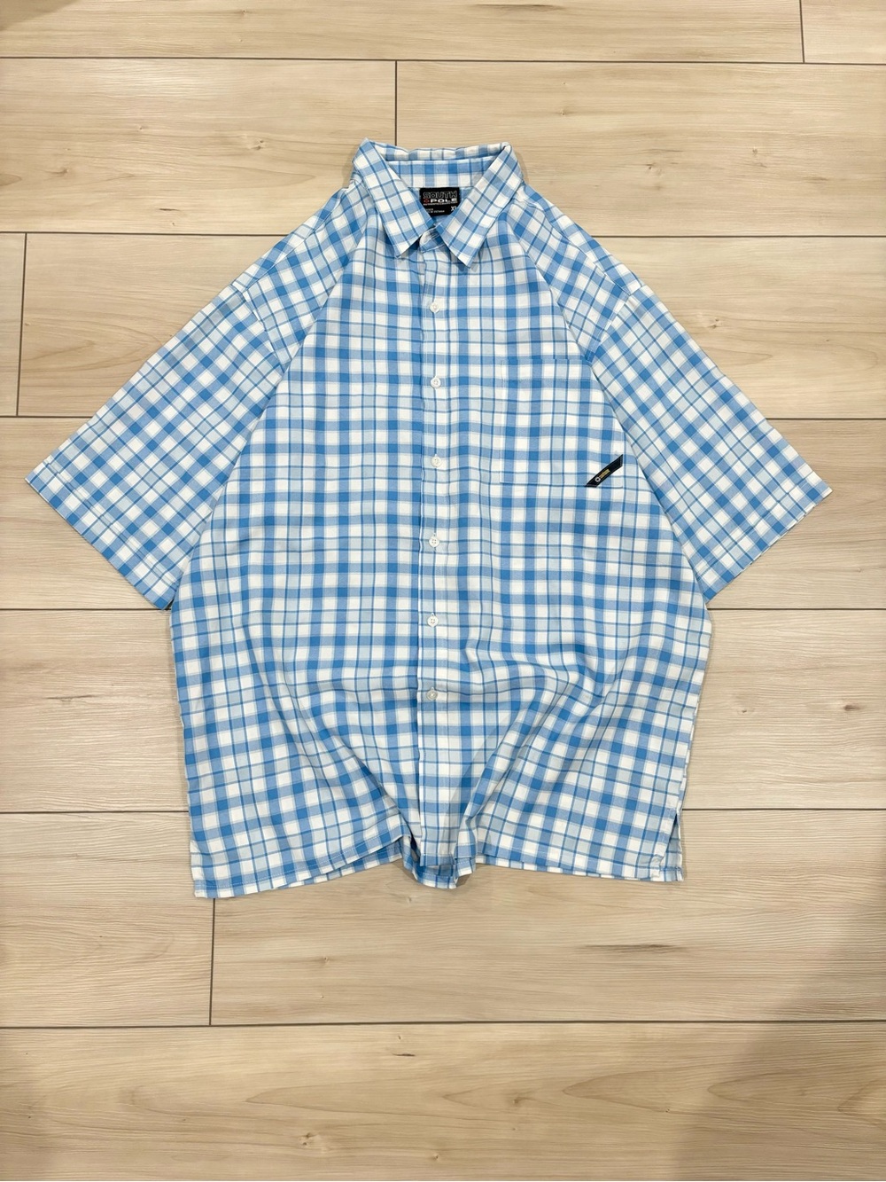 SouthPole Y2K oversized skater Plaid Light Blue White Check Button-Down Shirt